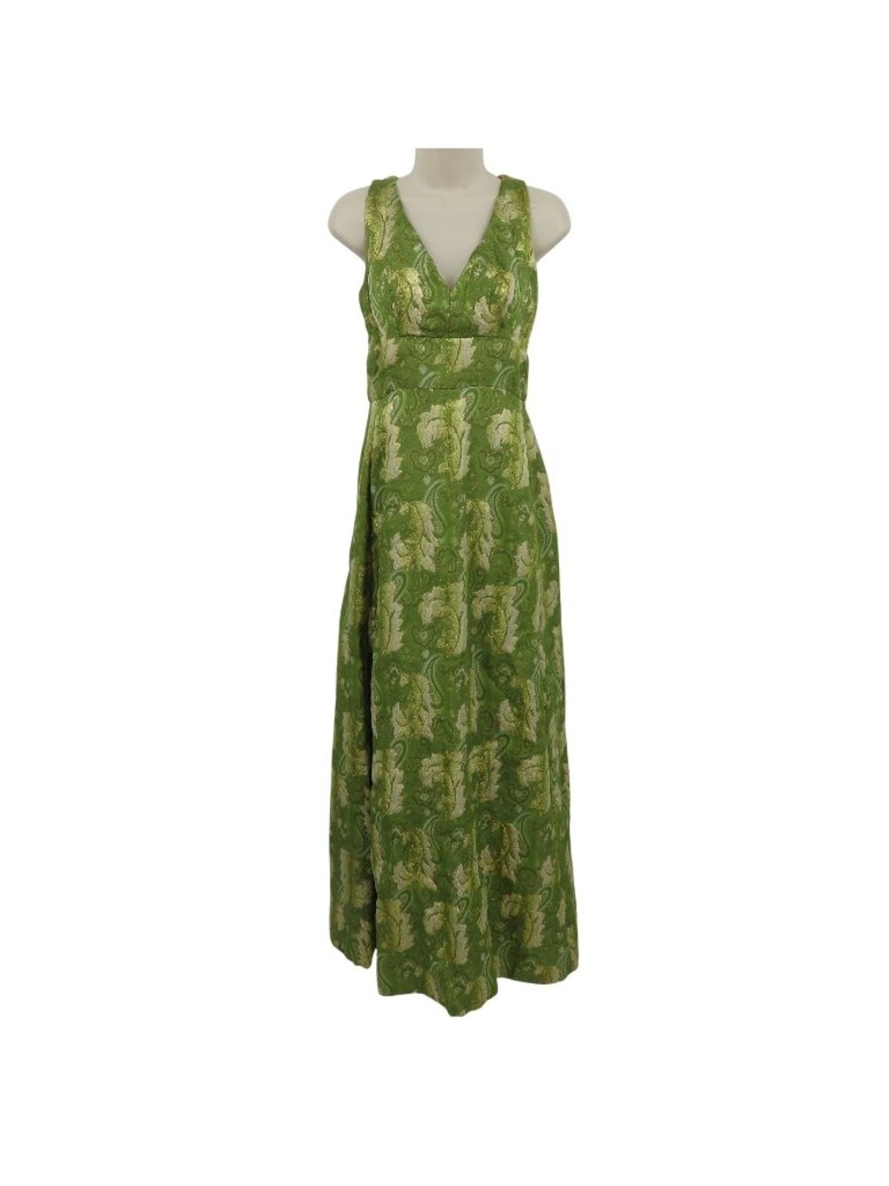 VTG Handmade Green Metallic Gold Brocade Paisley Scroll V Neck Sleeveless Dress